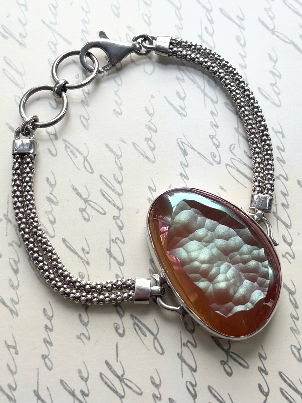 Signed Vintage WW 925 Sterling Silver Dragon Skin Agate Mesh Bracelet